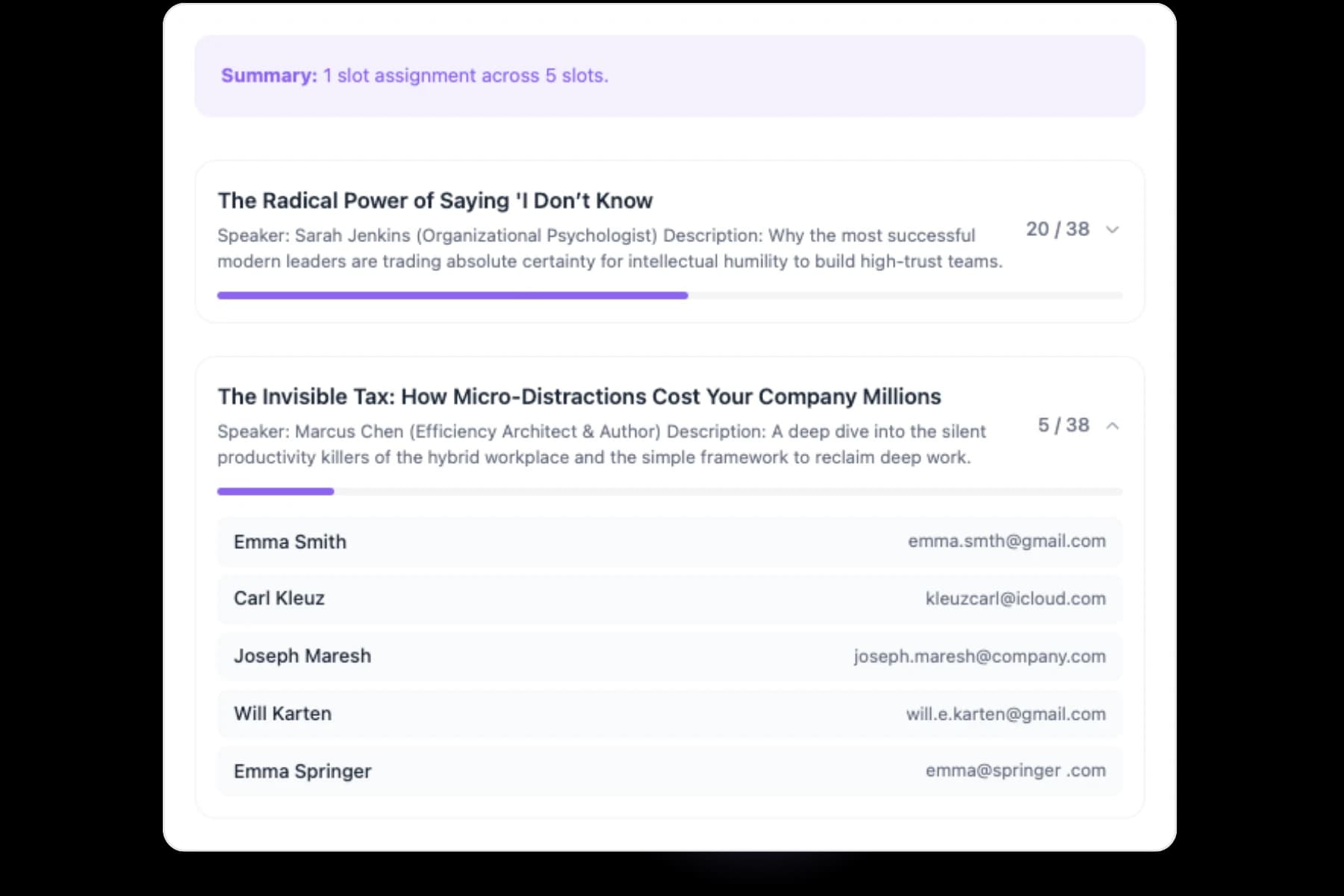 Booking capacity and attendee overview